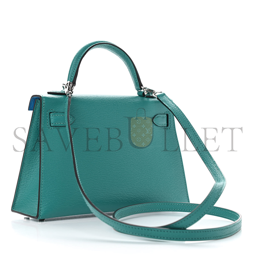 HERMÈS MASTER CHEVRE MINI KELLY II SELLIER VERT VERONE BLEU ZANZIBAR (19*12*5.5cm)